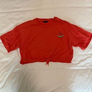 Topshop Red Cropped Tie-Front Tee with Watermelon Patch
